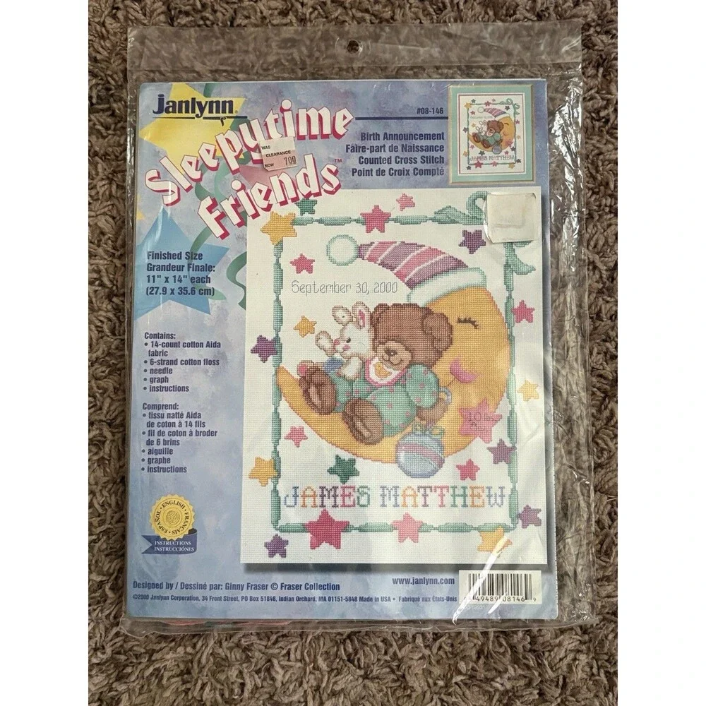 Janlynn Sleepytime Friends #08-146 Birth Announcement Counted Cross Stitch P25C